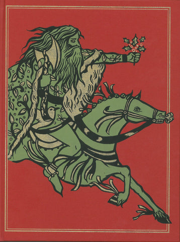 An image of a cover of Sir Gawain and the Green Knight. It shows a large man with a beard on a horse in green, riding across a red background and holding out a handful of holly