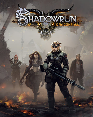 An illustration advertising the Shadowrun videogame "Dragonfall". It depicts several adventurers in modern clothing, standing in a dusty and volcanic area