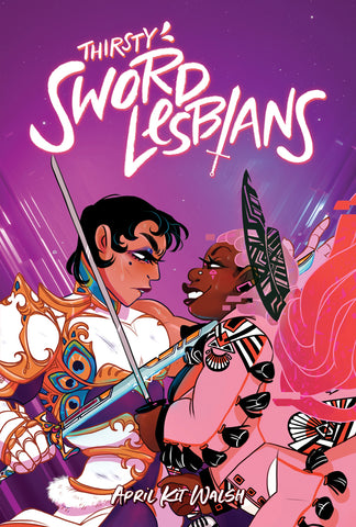 The cover of the TTRPG Thirsty Sword Lesbians. The cover is purple, with an illustration of two women, one in a military formal suit and the other in a pink ballgown, locked in combat with swords pressed against each other