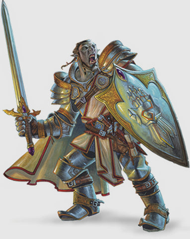 An illustration of a paladin from 5e DnD, a half orc in golden armor holding a large shiled and sword