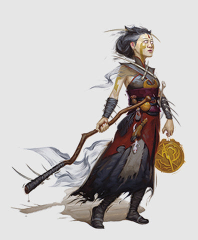 An illustration of a warlock from 5 DnD, showing a woman with pale skin in dark robes holding a large staff and an eldritch symbol