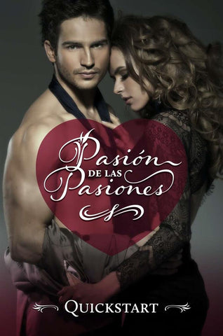 An alternate cover design for the game Pasion de las Pasiones. it shows a man and woman embracing dramatically under intense lighting, with the title of the game in a transparent heart in front of them