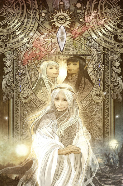 An illustration of the cover of a Dark Crystal comic book. 3 Gelflings are depicted on the cover, with just the heads of 2 in the background, and the full body on one in front.