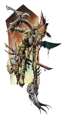 An illustration of an Illithid Slayer. It shows a githyanki warrior in thin strips of leather armor, with spotted yellow skin and spiky hair, holding a mind flayer head and carrying a large sword.