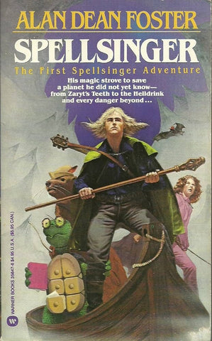 A book cover for Spellsinger, showing a man in a black cape holding a staff, with a guitar on his back.