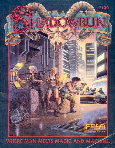 The cover of the first Shadowrun book. It shows several people in street clothes standing near a corner, holding weaponry