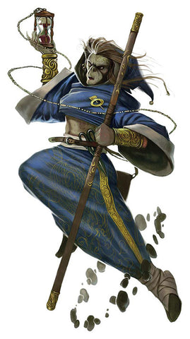 An illustration of a Zerth Cenobite monk. It shows a githyanki in blue robes in midair, holding a quarterstaff and an hourglass. 