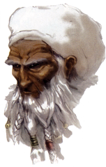 An illustration of Alhamazad's head, a black man with a long, braided white beard and white hair