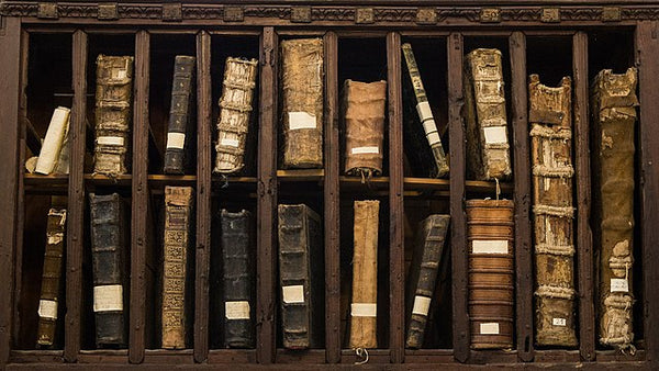 A photograph of old books, clearly in ill repair. The spines are facing out of a wooden shelf that has an individual slot for each book