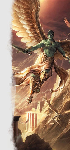 An illustration of a planetar from 5e dnd. It shows a man in white robes with white wings and green skin slying over a mountain