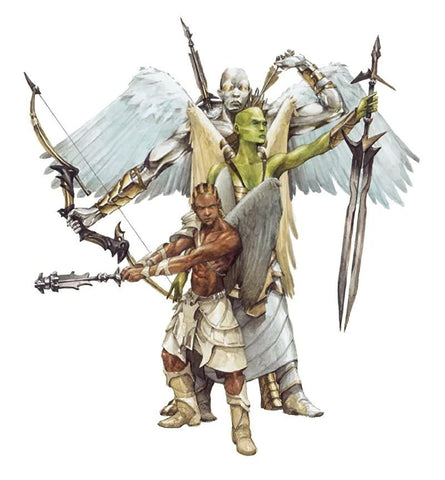 An illustration from 3e dnd of a solar, a planetar, and a deva. The solar has silver skin and a bow, the planetar has green skin and a broadsword, and the deva has brown skin and a mace. All are wearing white robe-like skirts