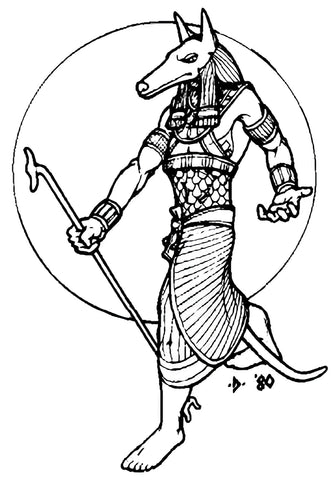 A lineart illustration of Anubis, a man with the head of a jackal, wearing ancient egyptian armor, and holding a staff