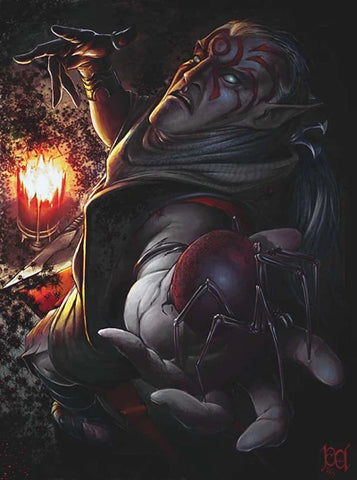 An illustration of an arachnomancer, a grey skinned elf with red spider markings on his face and shoulders, holding a lantern and a spider