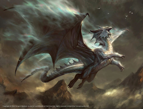 An illustration of one of Bahamut's aspects, showing a platinum dragon with a glowing blue aura against a stormy sky