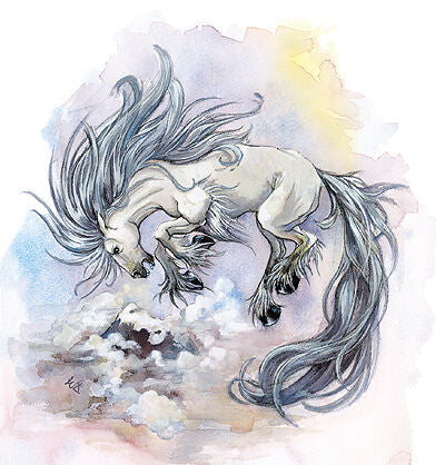 An illustration of a white horse with a blue/grey mane and tail floating in middair, against a cloudy backdrop