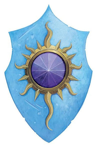 An image of Astilabor's holy symbol, a blue shielf with a purple gem on it surrounded by golden sunrays