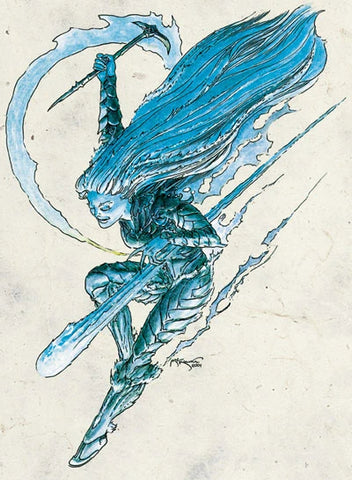 An illustration of Auril, a goddess with blue skin and hair, leaping forward with ice at her fingertips