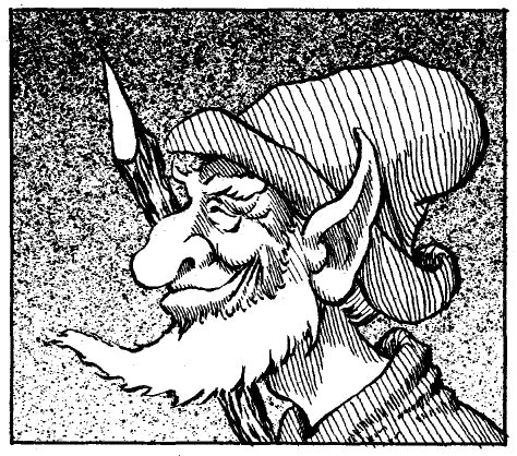 A black and white illustration of Baervan Wildwanderer. He appears to be an older gnome with a pointed beard and ears and a large hat. 