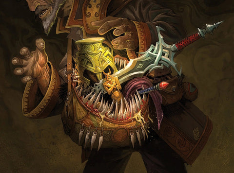 An illustration of a Bad of Devouring, a small, colorful bag that is slung around a character's shoulder. The bag has large teeth, and appears to be eating a sword that has been put into the opening of the bag. 