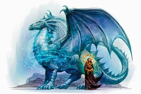 An illustration of Bahamut's draconic and humanoid forms - a blueish platinum dragon and a human in peasant robes