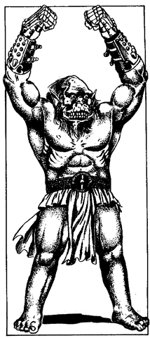 A black and white drawing of Baghtru. He appears to be a shirtless orc in a loincloth, holding his arms above his head and grinning. 