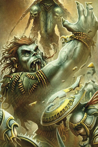 An illustration of Bahgtru, a green skinned orc without a shirt, striking someone else with a bare hand