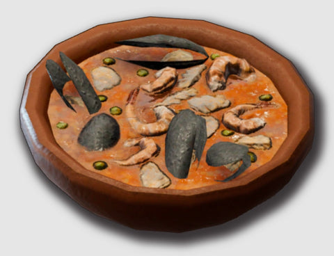An illustration of a seafood stew from Dungeons and Dragons. The stew is reddish in color, and has osters and various seafood floating in it