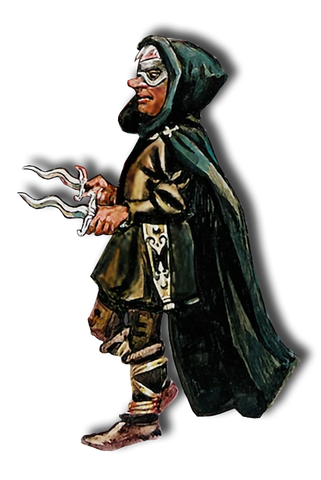 An illustration of a priest of Baravar Cloakshadow. It appears to be a dark skinned gnome in a mask and dark cloak, holding two wavy daggers