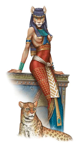 An illustration of Bast, a woman in egyptian clothin with the head of a cat and black hair. By her feet is a spotted leopard. 