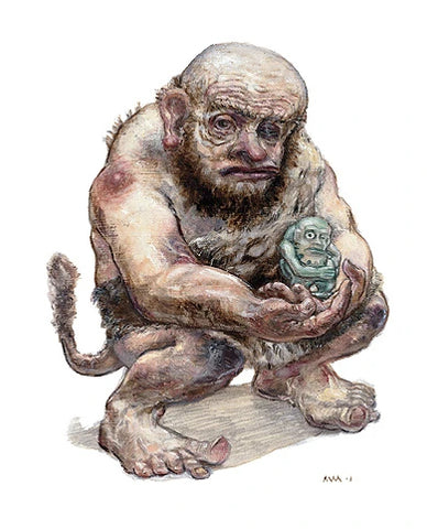 An illustration of Bes, a small crouched humanoid wearing a panther skin with a tail, holding a green statue of a similar figure in his hands