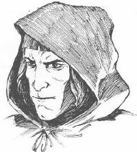 A black and white illustration of Bigby's human head. He is a plain looking man wearing a hood with long-ish hair