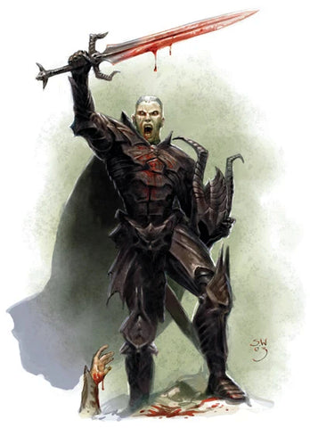 An illustration of a blackguard from 3e DnD, a man in black armor and holding aloft a large black sword dripping with blood