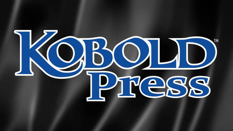 An image of the Kobold Press logo against a background that looks like blue draped fabric. The logo ist he name of the company in blue font outlined in white