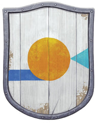 An illustration of Bremen's heradlry - a white shield with a gold circle, a light blue blue traingle, and a dark blue rectangle which looks like a shadow of the circle