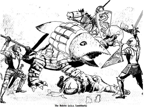 A black and white illustration of a bulette fighting a party of adventurers in armor. A horse, clearly having been partially eaten, lies beneath the bulette