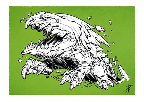 A black and white illustration of a bulette pouncing against a light green background