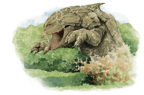 An illustration of a bulette pouncing from a hilly field in a spray of dirt. 