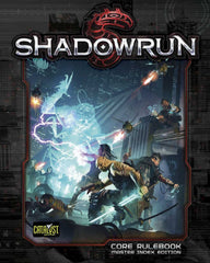 The cover of the 5e Shadowrun book. It shows several adventurers running from something, while one of them casts a lightning spell as they run