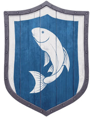 An illustration of Caer-Konig's heraldry, a white fish curving upwards on a blue shield with a white border