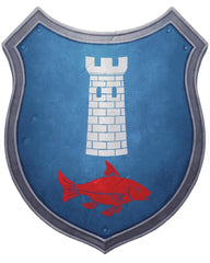 An illustration of Caer-Dineval's heraldry, a white tower and red fish on a blue shield