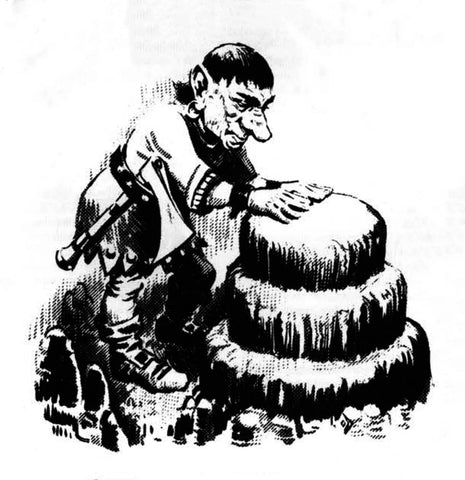 A black and white illustration of Calarduran Smoothhands. He appears to be a gnome standing over a stone with a large nose and short dark hair