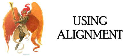 The "Using Alignment" header. It shows an aasimar woman in golden armor with red hair and wings, flying upward and wielding a boadsword