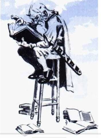 An illustration of Dugmarin Brightmanle, a dwarven god of knowledge from early editions of DnD. He appears to be a bald dwarf with a long beard, seated on a tall stool reading a book, with several other books around his feet