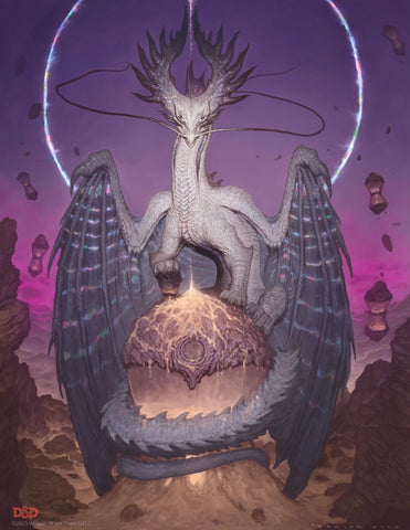 An illustration of Chronepsis from Planescape, showing a white dragon atop an acorn-looking hoard