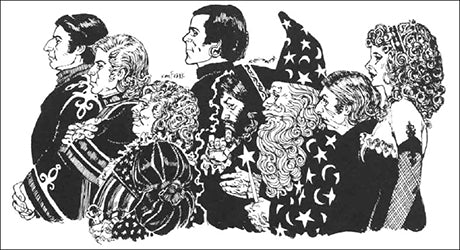 A black and white illustration of the circle of eight - nine spellcasters in profile