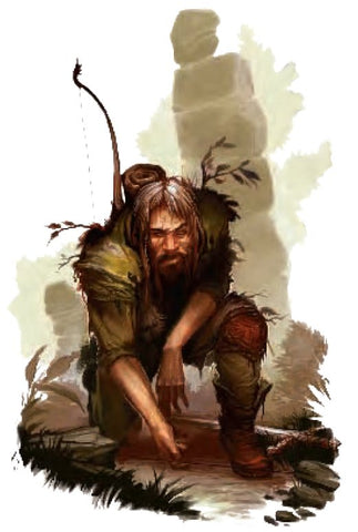 An image of the example art for a Combat Trapsmith. It appears to be a scruffy human in leather and grass armor with brown hair and beard kneeling on a battlefield. He has a wry look on his face.