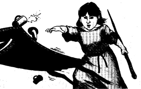 A black and white illustration of Cyrrollalee, a whalfling wearing a plain dress and holding a staff. She is gesturing iwth magic, making a table with cups leap forward. 