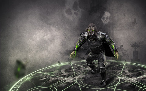 Image Description: an illustration of a man in leather armor standing on a glowing magical circle against a grey background. End Description. 