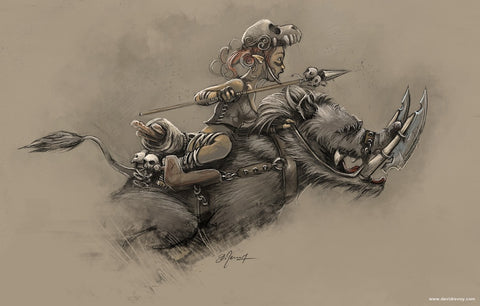 Image Description: An illustration of a small humanoid creature riding on a warthog. The creature holds a spear, and has various skulls scattered on the saddle of the hog. End Description. 