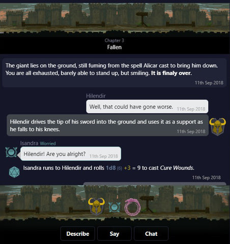 A screenshot of an example game on RoleGate. it looks like a chatlof, with artistic header and footer above the text bubbles